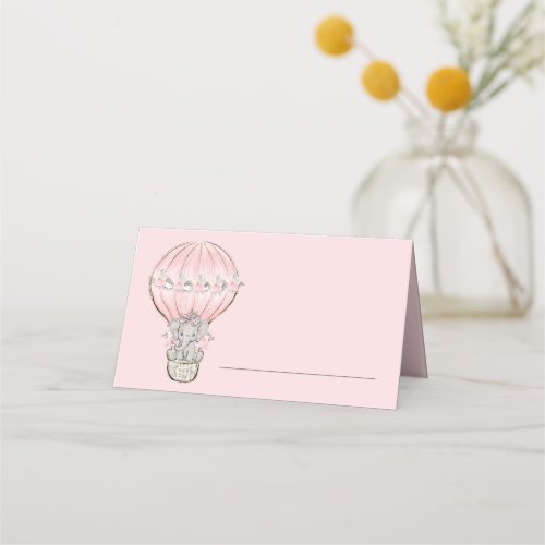 Cute Baby Elephant Hot Air Balloon Pink Girls Place Card