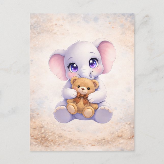 Cute Baby Elephant Hugging Teddy Bear Postcard (Front)