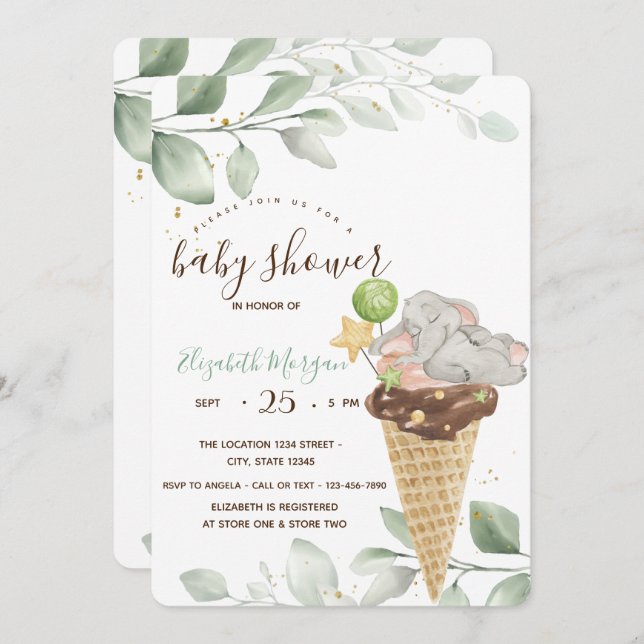 Cute Baby Elephant Ice cream Baby Shower Invitation (Front/Back)