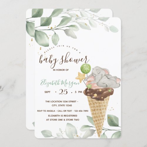 Cute Baby Elephant Ice cream Baby Shower Invitation
