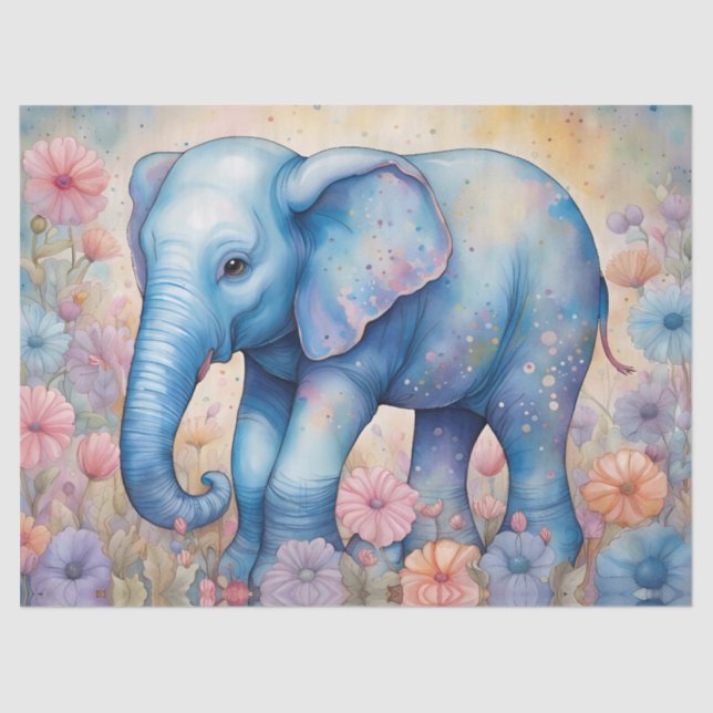 Cute Baby Elephant In a Pastel Daisy Garden Tissue Paper (Front)