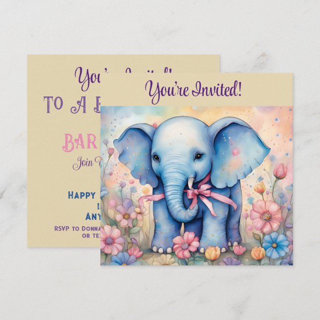 Cute Baby Elephant In a Pastel Garden  Invitation (Front/Back)