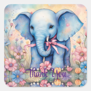 Cute Baby Elephant In a Pastel Garden THANK YOU Square Sticker