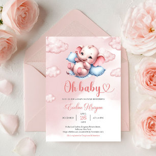 Cute baby elephant in baby crib pink and blue invitation