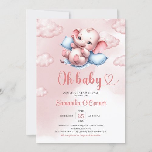 Cute baby elephant in baby crib pink and blue  invitation
