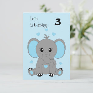 Cute baby elephant in blue, boys birthday invitation