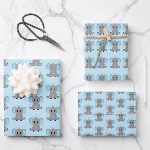 Cute baby elephant in blue boys  wrapping paper sheets