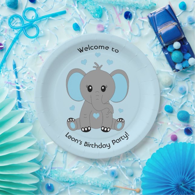Cute baby elephant in blue, custom  paper plates (Party)