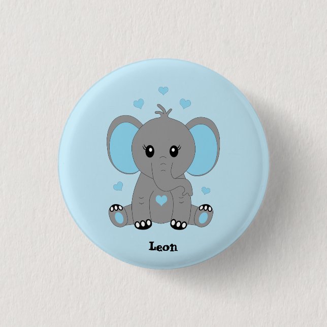 Cute baby elephant in blue for boys  button (Front)