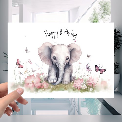 Cute Baby Elephant in Colorful Flowers Birthday Card