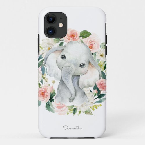 Cute Baby Elephant in Floral Wreath iPhone 11 Case