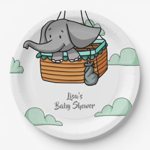 Cute Baby Elephant in Hot Air Balloon Basket Party Paper Plates