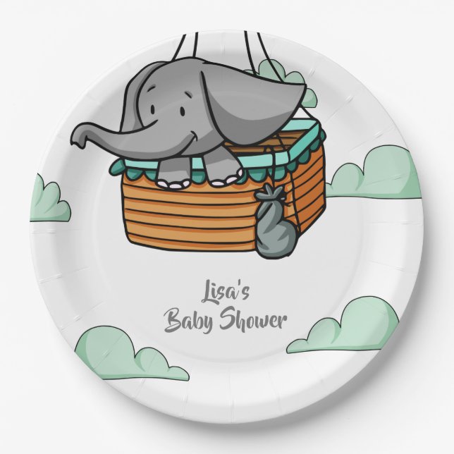 Cute Baby Elephant in Hot Air Balloon Basket Party Paper Plates (Front)