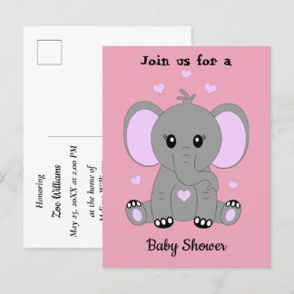 Cute baby elephant in pink, baby shower  invitation postcard