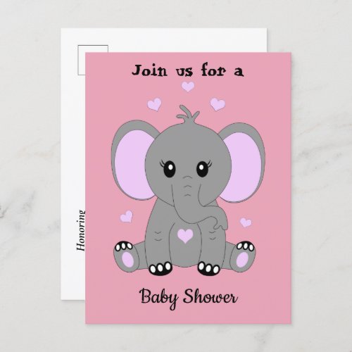 Cute baby elephant in pink baby shower  invitation postcard