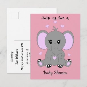 Cute baby elephant in pink, baby shower invitation postcard