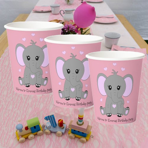 Cute baby elephant in pink for girls birthday paper cups