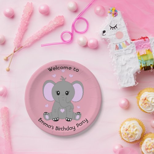 Cute baby elephant in pink for girls birthday paper plates