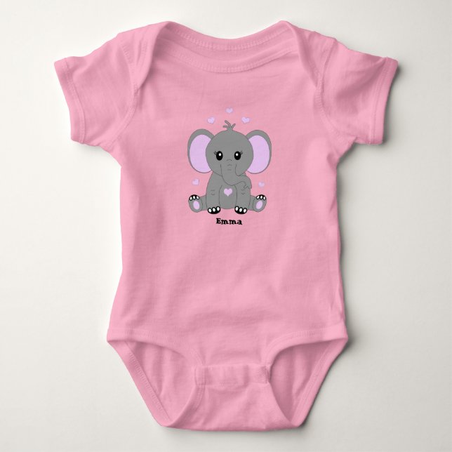 Cute baby elephant in pink for girls  bodysuit (Front)
