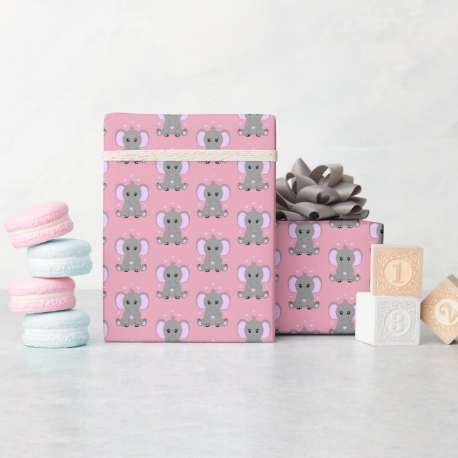 Cute baby elephant in pink for girls  wrapping paper (Baby Shower)