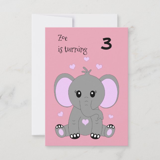 Cute baby elephant in pink, girls birthday  invitation (Front)