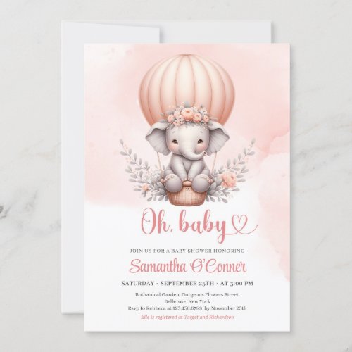 Cute baby elephant in pink hot air balloon girl invitation