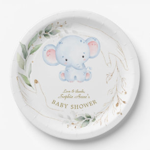 Cute Baby Elephant Jungle Greenery Baby Shower Paper Plates