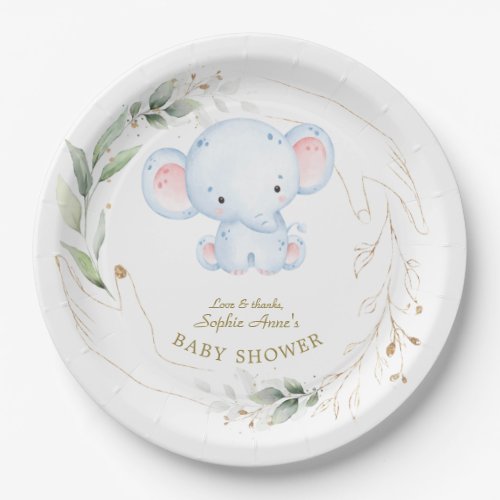 Cute Baby Elephant Jungle Greenery Baby Shower  Paper Plates