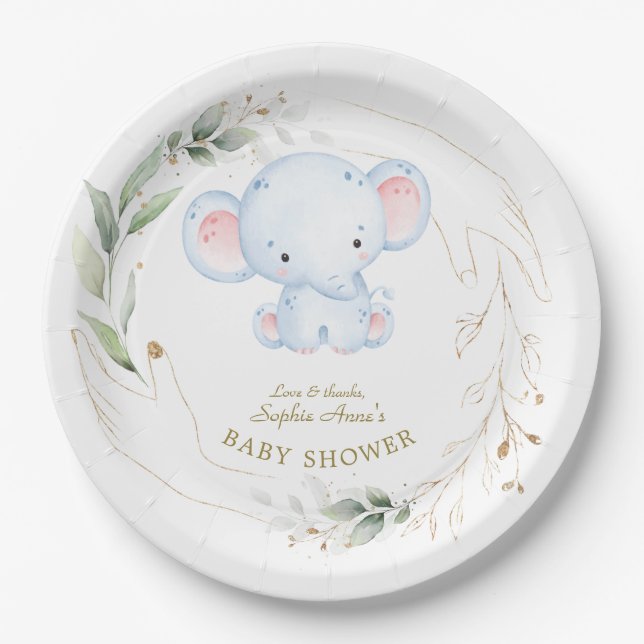 Cute Baby Elephant Jungle Greenery Baby Shower  Paper Plates (Front)