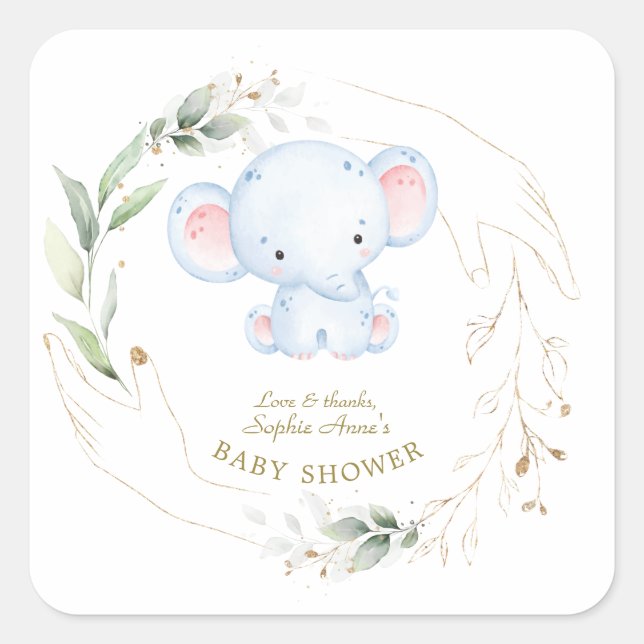Cute Baby Elephant Jungle Greenery Baby Shower   Square Sticker (Front)