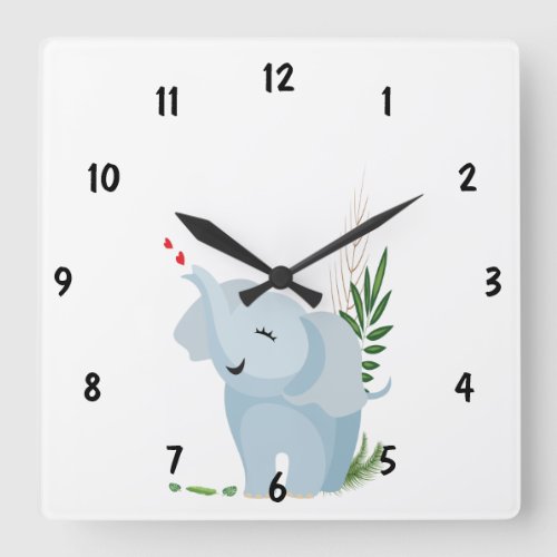 Cute Baby Elephant Large Numbers Square Wall Clock
