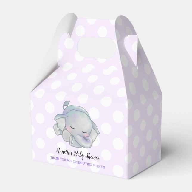 Cute Baby Elephant Lavender Polka Dots Baby Shower Favor Boxes (Front Side)