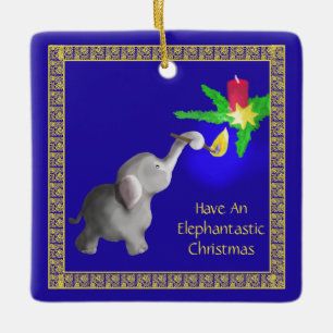 Cute Baby Elephant Lights a Candle Christmas Ceramic Ornament