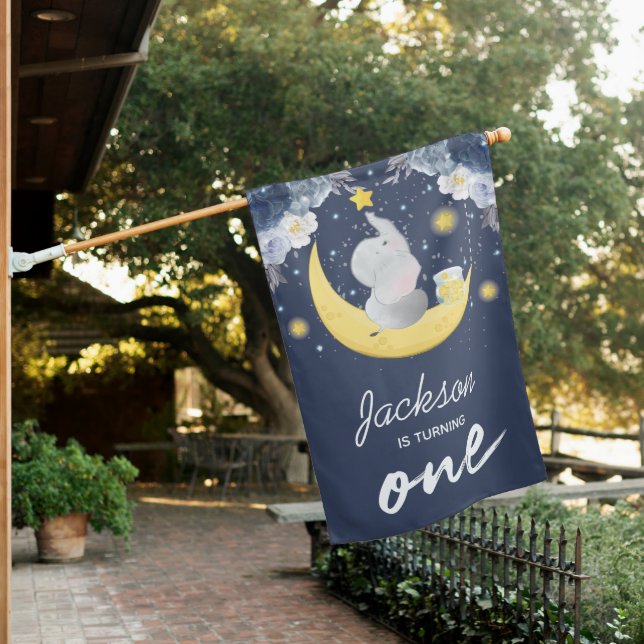 Cute Baby Elephant Moon First Birthday House Flag (In SItu)