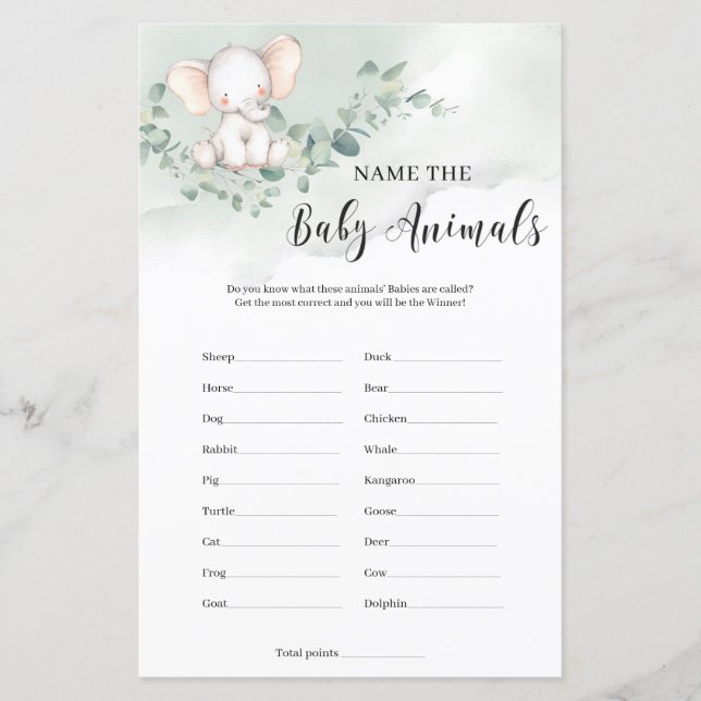 Cute baby elephant name the baby animals game (Front)