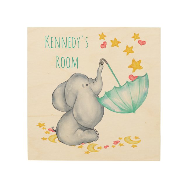 Cute Baby Elephant Nursery Room Name Plaque Wood Wall Art (Front)