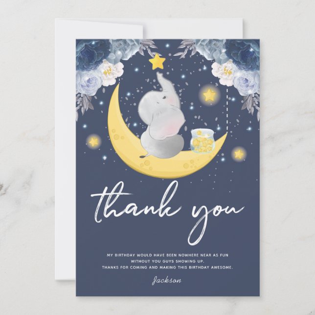 Cute Baby Elephant on a Moon Thank You Card (Front)