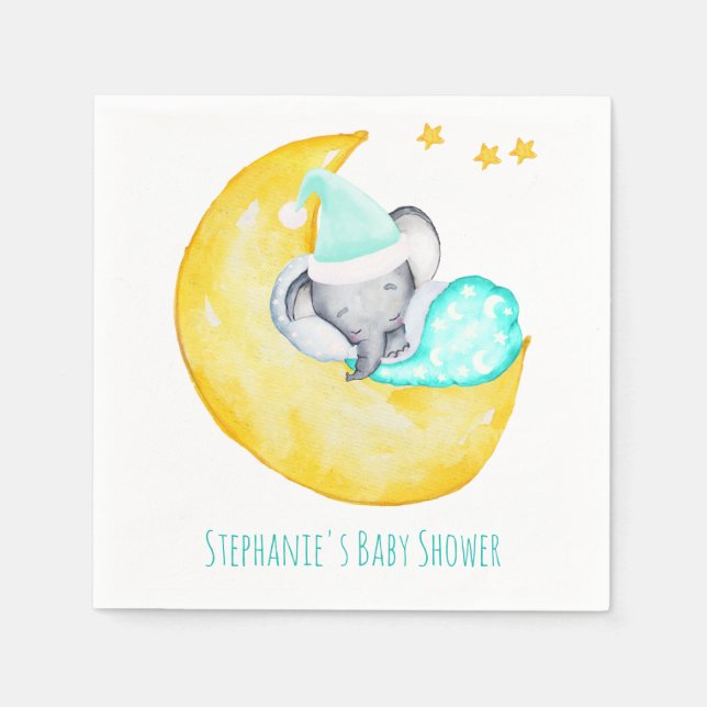 Cute Baby Elephant on the Moon Baby Shower Napkins (Front)