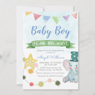 Cute Baby Elephant Party  - Blue Baby Shower Invitation