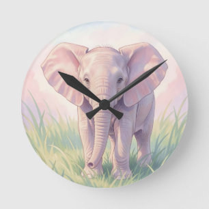 Cute Baby Elephant Pastel Meadow Round Clock