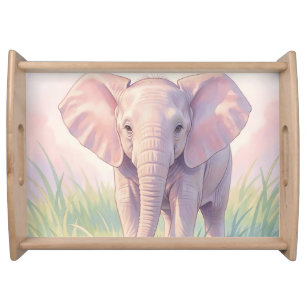Cute Baby Elephant Pastel Meadow Serving Tray