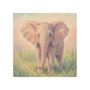 Cute Baby Elephant Pastel Meadow Wood Wall Art