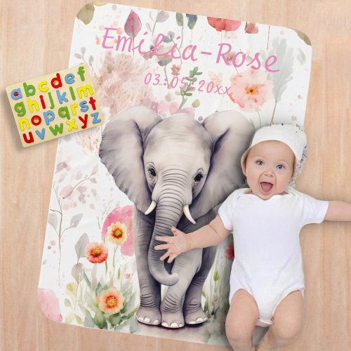 Cute Baby Elephant Pastel Watercolor Spring Flower Baby Blanket