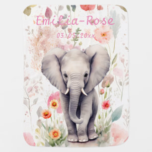 Cute Baby Elephant Pastel Watercolor Spring Flower Blanket
