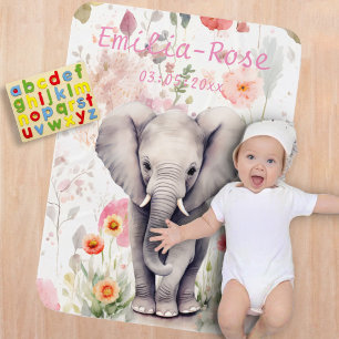 Cute Baby Elephant Pastel Watercolor Spring Flower Blanket