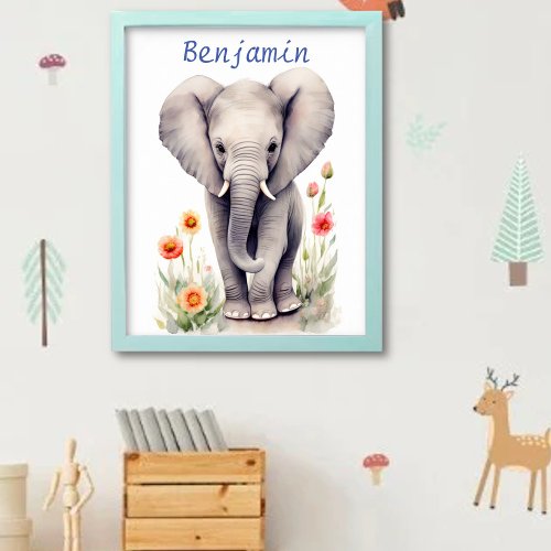 Cute Baby Elephant Pastel Watercolor Spring Flower Poster