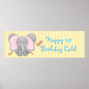 Cute Baby Elephant & Peanuts Birthday Party Banner Poster