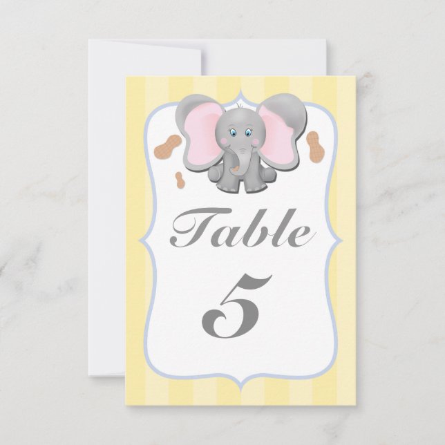 Cute Baby Elephant Peanuts Party Table Number Card (Front)