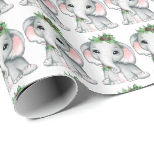 Cute Baby Elephant Pine Bough Christmas Pattern Wrapping Paper