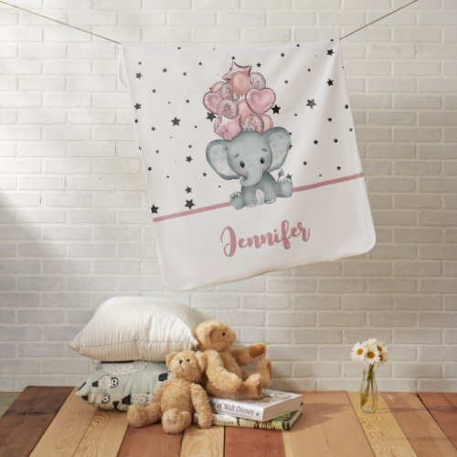 Cute Baby Elephant Pink Ballons Stars Pattern Name Baby Blanket